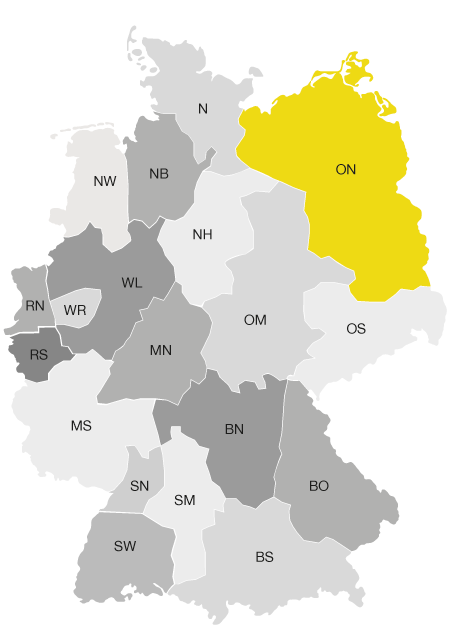 Übersichtskarte von Deutschland mit den 19 lokalen Distrikten und dem markierten Distrikt Ost-Nord, der territorial die Bundesländer Mecklemburg-Vorpommern, Brandenburg und Berlin umfasst.